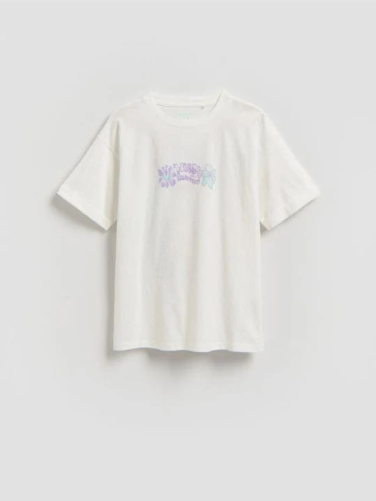 Zdjęcie produktu Reserved - Bawełniany t-shirt z nadrukiem - złamana biel