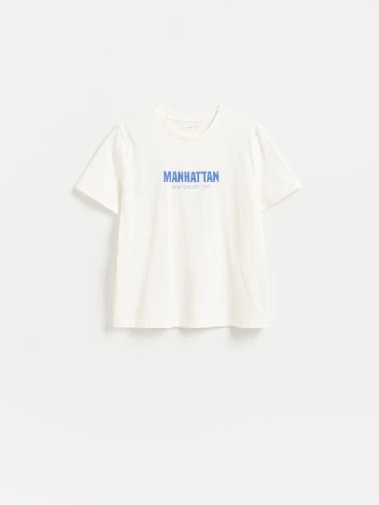 Zdjęcie produktu Reserved - Bawełniany t-shirt z nadrukiem - złamana biel