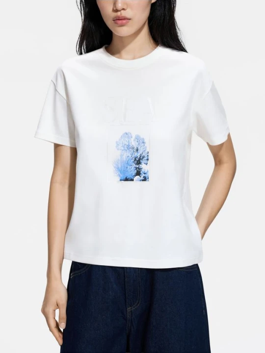 Zdjęcie produktu Reserved - Bawełniany t-shirt z nadrukiem - złamana biel