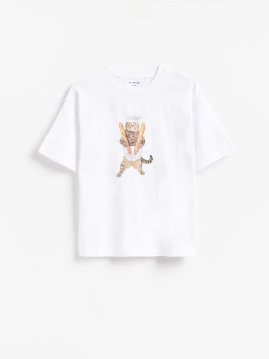 Zdjęcie produktu Reserved - Bawełniany t-shirt z nadrukiem - złamana biel
