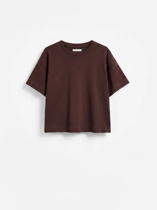 Zdjęcie produktu Reserved - Dzianinowy t-shirt z bawełną - ciemnobrązowy