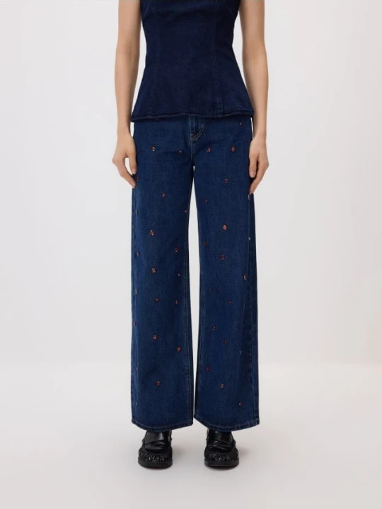 Zdjęcie produktu Reserved - Jeansy wide leg z aplikacjami - granatowy