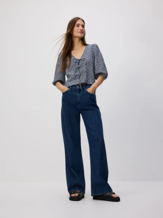 Zdjęcie produktu Reserved - Jeansy wide leg z dodatkiem lnu - granatowy