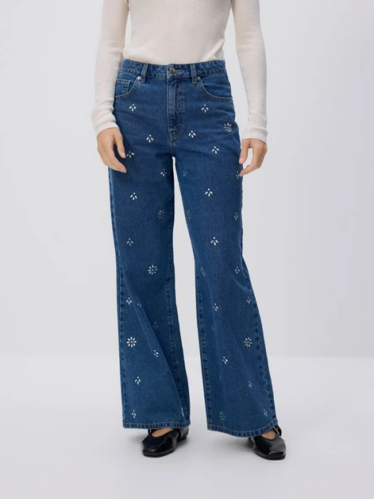 Zdjęcie produktu Reserved - Jeansy wide leg z kryształkami - niebieski
