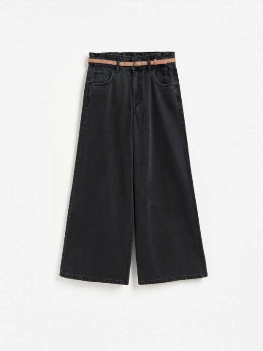 Zdjęcie produktu Reserved - Jeansy wide leg z paskiem - czarny