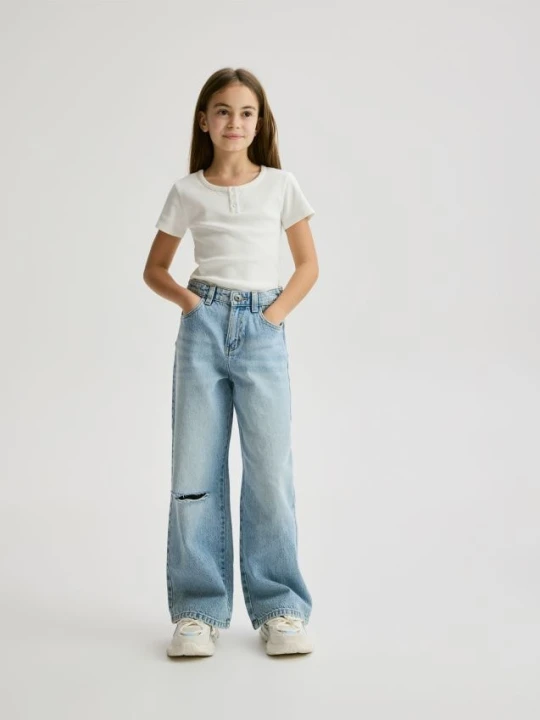 Zdjęcie produktu Reserved - Jeansy wide leg z przetarciem - niebieski