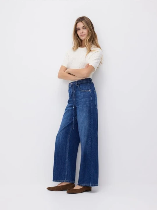 Zdjęcie produktu Reserved - Jeansy wide leg z wiązaniem - niebieski