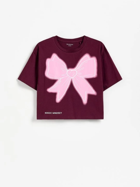 Zdjęcie produktu Reserved - Krótki t-shirt z nadrukiem - bordowy