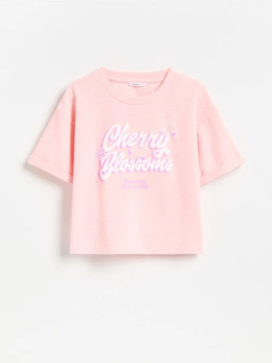 Zdjęcie produktu Reserved - Krótki t-shirt z nadrukiem - brzoskwiniowy
