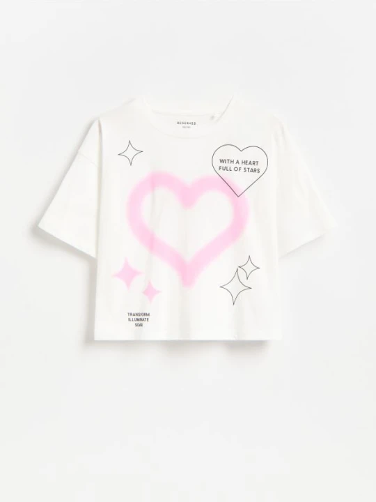 Zdjęcie produktu Reserved - Krótki t-shirt z nadrukiem - złamana biel