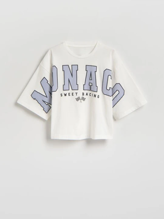 Zdjęcie produktu Reserved - Krótki t-shirt z napisem - złamana biel