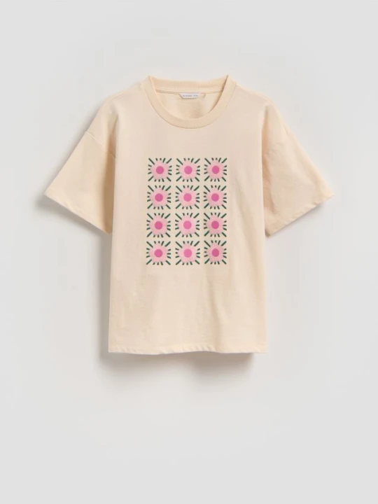 Zdjęcie produktu Reserved - Luźny t-shirt z haftem - kremowy
