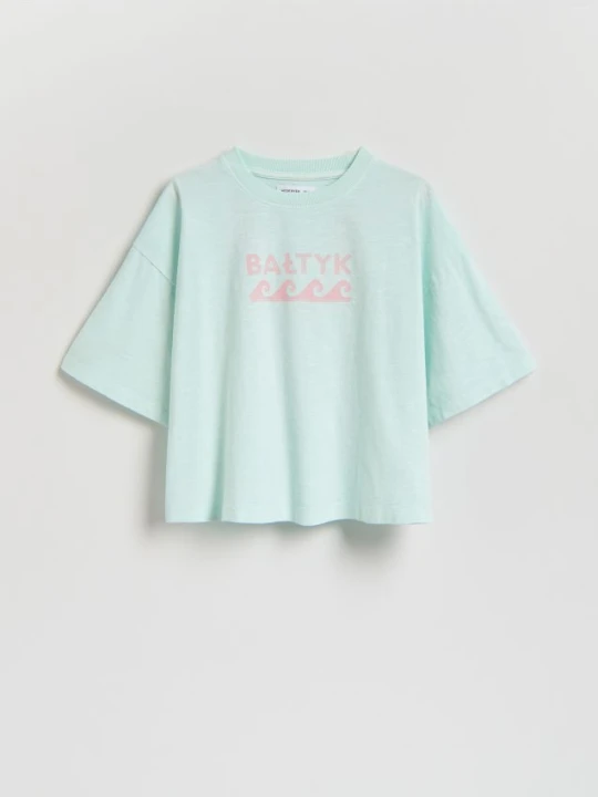 Zdjęcie produktu Reserved - Luźny t-shirt z nadrukiem - jasnoturkusowy