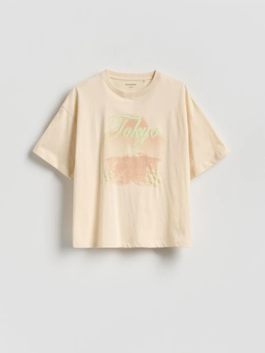 Zdjęcie produktu Reserved - Luźny t-shirt z nadrukiem - kremowy