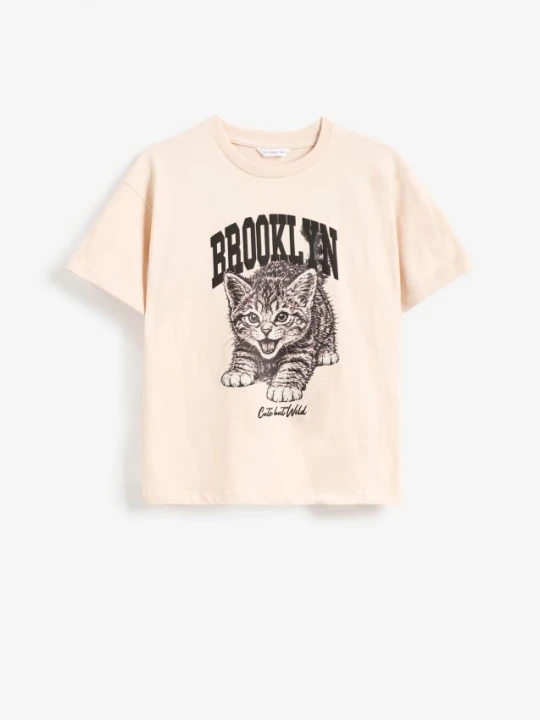 Zdjęcie produktu Reserved - Luźny t-shirt z nadrukiem - kremowy
