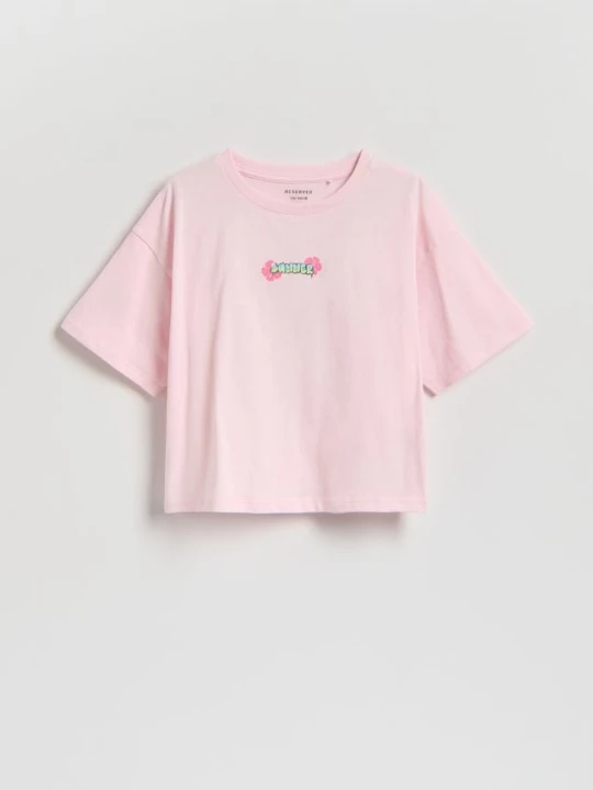 Zdjęcie produktu Reserved - Luźny t-shirt z nadrukiem - pastelowy róż