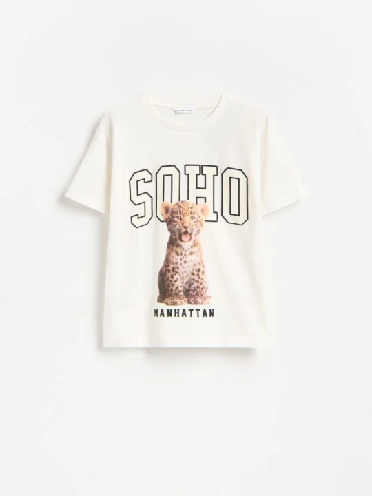Zdjęcie produktu Reserved - Luźny t-shirt z nadrukiem - złamana biel