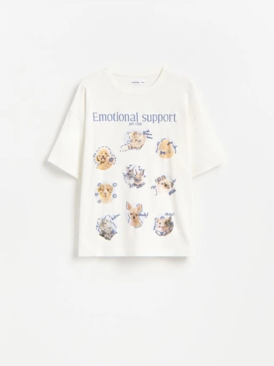 Zdjęcie produktu Reserved - Luźny t-shirt z nadrukiem - złamana biel