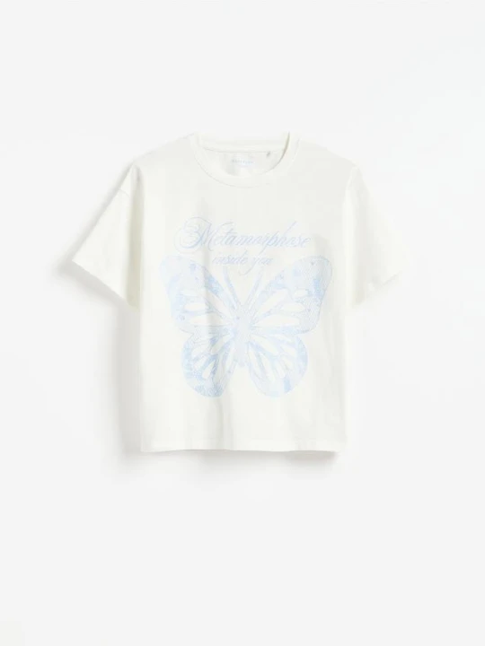 Zdjęcie produktu Reserved - Luźny t-shirt z nadrukiem - złamana biel