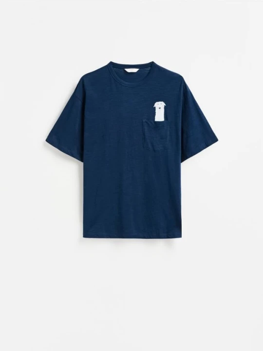 Zdjęcie produktu Reserved - T-shirt boxy z kieszonką - granatowy