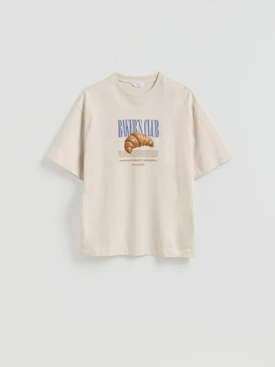Zdjęcie produktu Reserved - T-shirt boxy z nadrukiem - beżowy