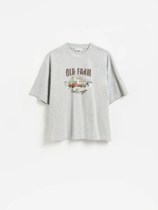 Zdjęcie produktu Reserved - T-shirt boxy z nadrukiem - jasnoszary
