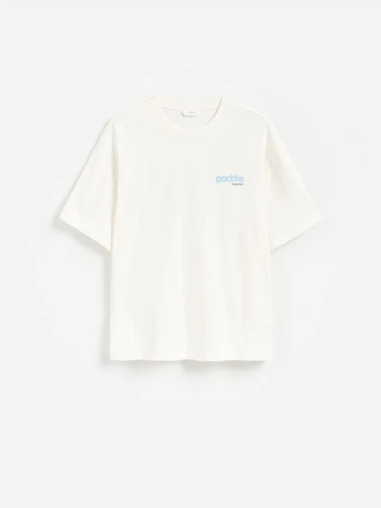 Zdjęcie produktu Reserved - T-shirt boxy z nadrukiem na plecach - złamana biel