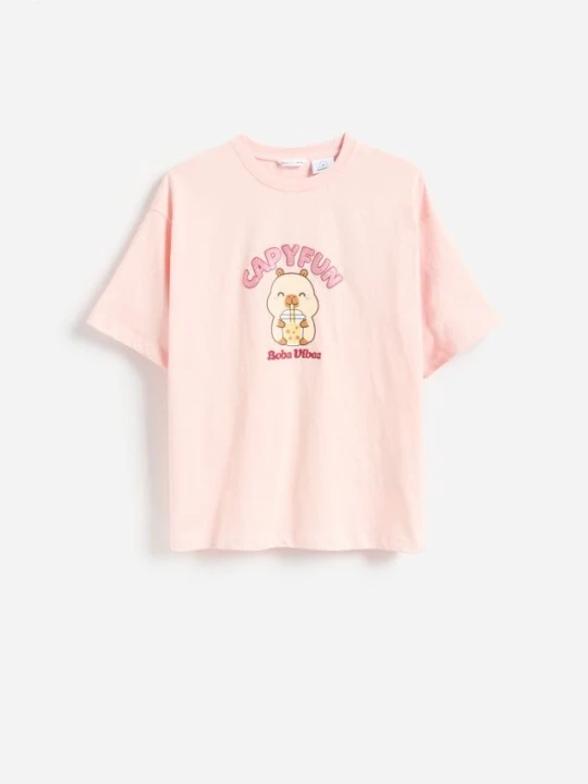 Zdjęcie produktu Reserved - T-shirt Kapibara CapyFun - pastelowy róż