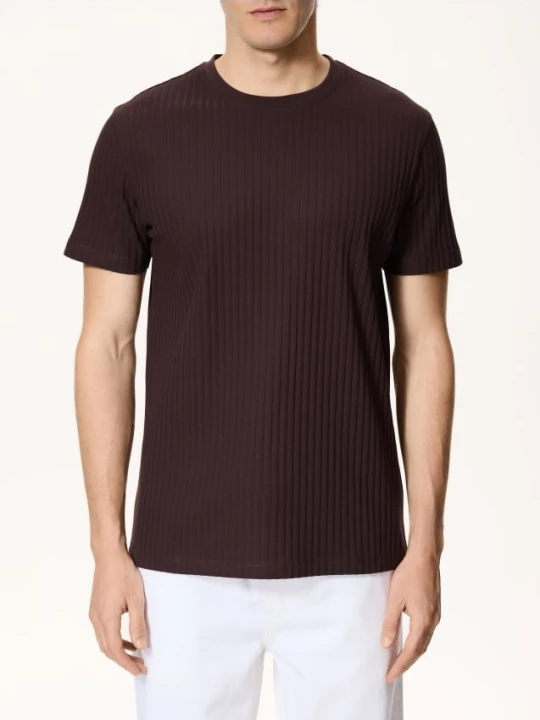 Zdjęcie produktu Reserved - T-shirt regular w prążek - ciemnobrązowy