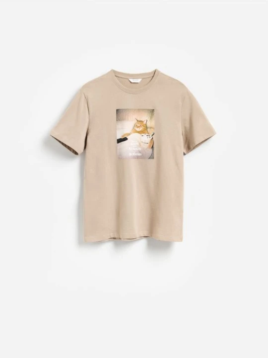 Zdjęcie produktu Reserved - T-shirt regular z nadrukiem - beżowy