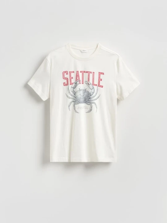 Zdjęcie produktu Reserved - T-shirt regular z nadrukiem - złamana biel