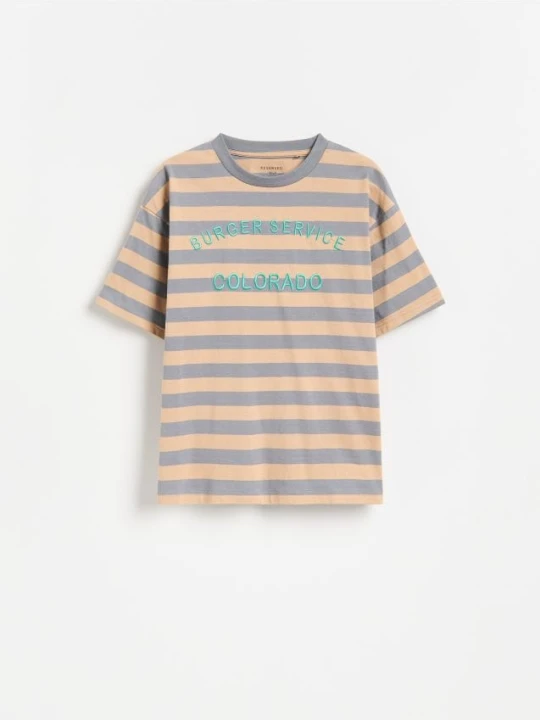 Zdjęcie produktu Reserved - T-shirt w paski z haftem - beżowy