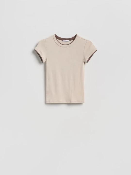 Zdjęcie produktu Reserved - T-shirt z kontrastową wstawką - beżowy