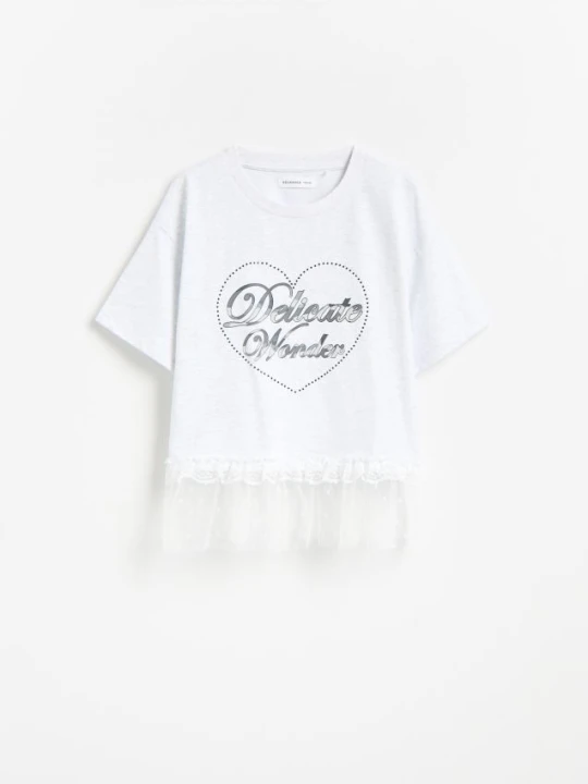 Zdjęcie produktu Reserved - T-shirt z koronkowym wykończeniem - jasnoszary