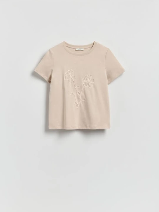 Zdjęcie produktu Reserved - T-shirt z kwiatową aplikacją - beżowy