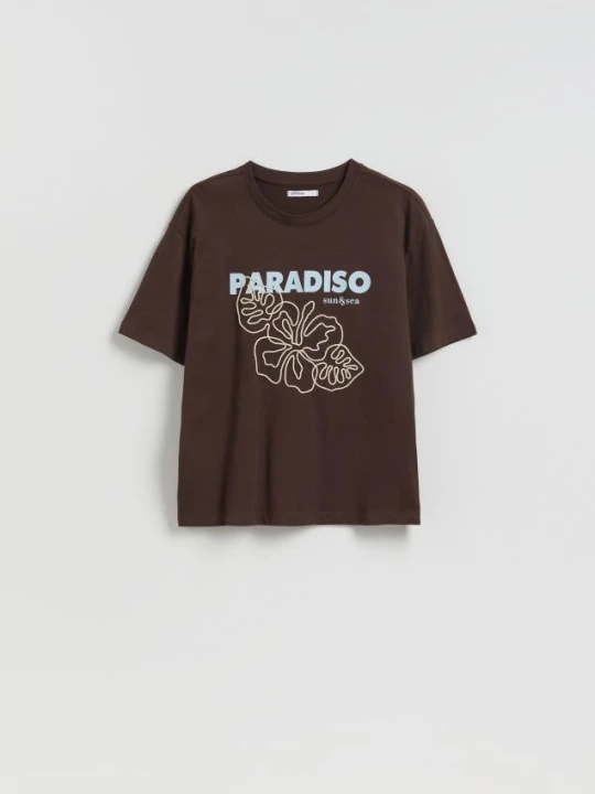 Zdjęcie produktu Reserved - T-shirt z nadrukiem - ciemnobrązowy
