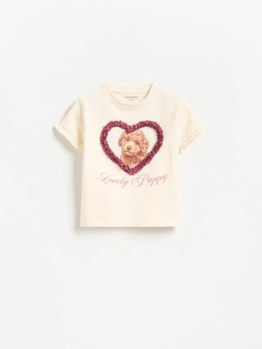 Zdjęcie produktu Reserved - T-shirt z nadrukiem i aplikacją - kremowy