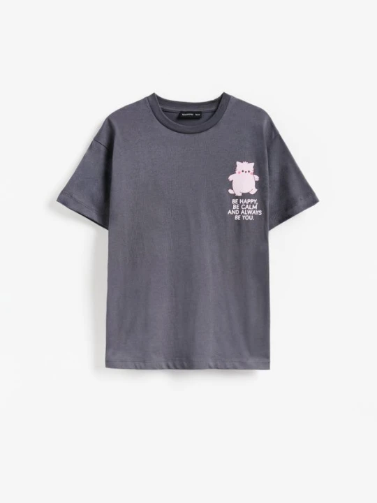 Zdjęcie produktu Reserved - T-shirt z nadrukiem Pembe the Pink Cat - ciemnoszary
