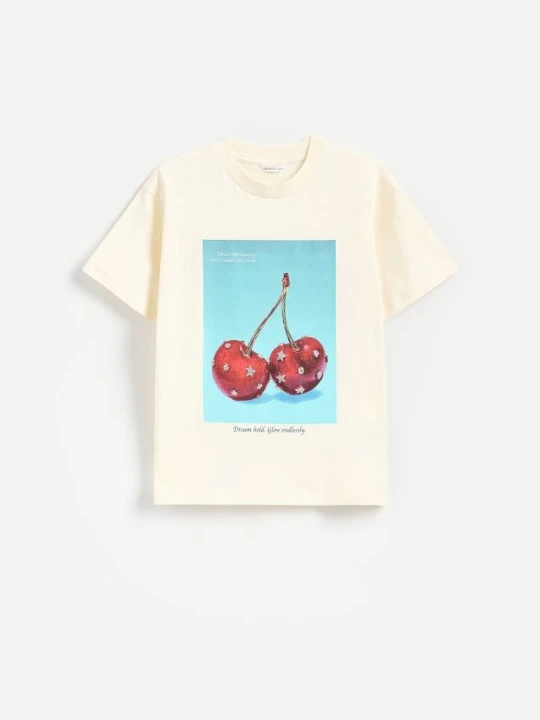 Zdjęcie produktu Reserved - T-shirt z nadukiem - kremowy