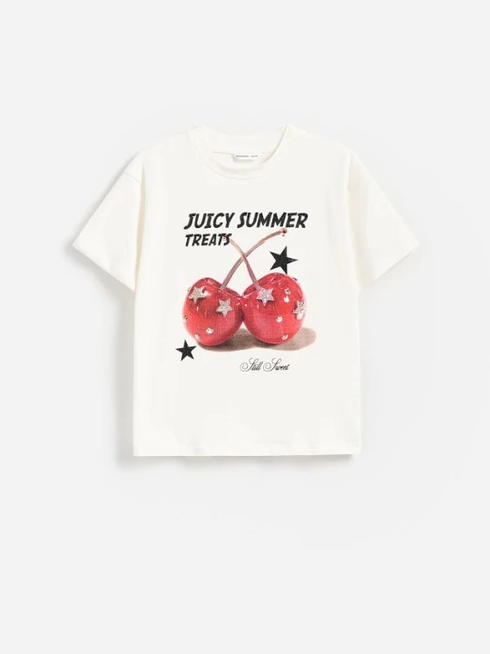 Zdjęcie produktu Reserved - T-shirt z nadukiem - złamana biel