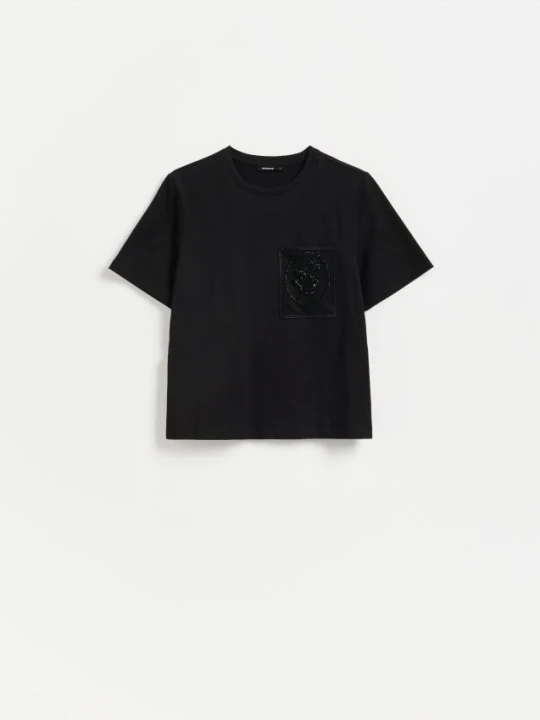 Zdjęcie produktu Reserved - T-shirt z ozdobną kieszonką - czarny