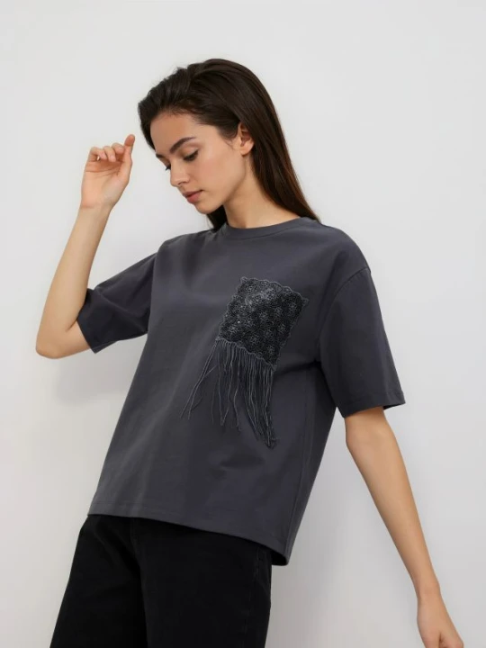 Zdjęcie produktu Reserved - T-shirt z ozdobnym detalem - ciemnoszary
