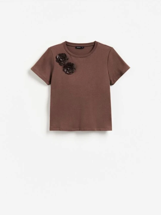 Zdjęcie produktu Reserved - T-shirt z ozdobnymi aplikacjami - ciemnobrązowy