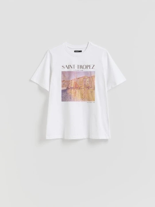 Zdjęcie produktu Reserved - T-shirt z połyskującym nadrukiem - biały