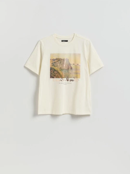 Zdjęcie produktu Reserved - T-shirt z połyskującym nadrukiem - złamana biel