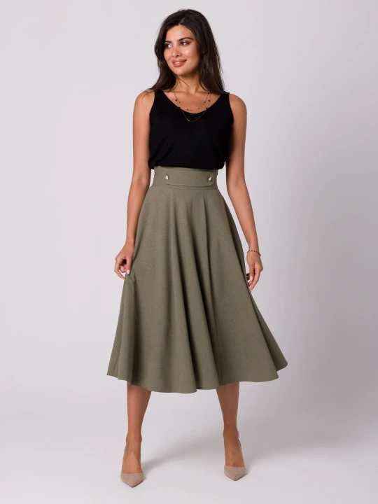 Zdjęcie produktu Rozkloszowana spódnica z wysokim stanem i kieszeniami khaki Be Wear
