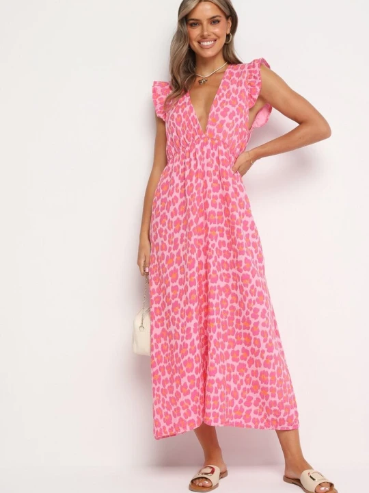 Zdjęcie produktu Różowa Bawełniana Sukienka Boho Wiązana z Tyłu Brynivia Jumelle