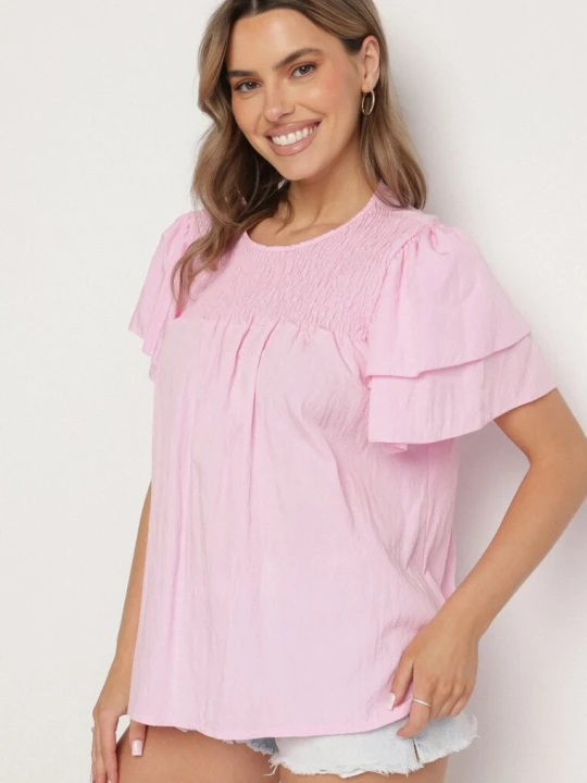 Zdjęcie produktu Różowa Bluzka z Wiskozą o Trapezowym kroju z Falbankami i Elastyczną Wstawką Dorlimi New Collection