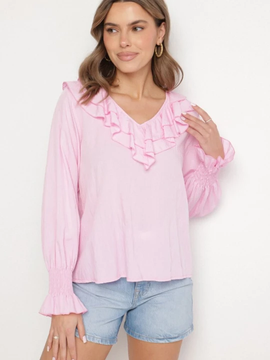 Zdjęcie produktu Różowa Bluzka z Wiskozą w Rustykalnym Stylu z Falbanami Finlimi New Collection
