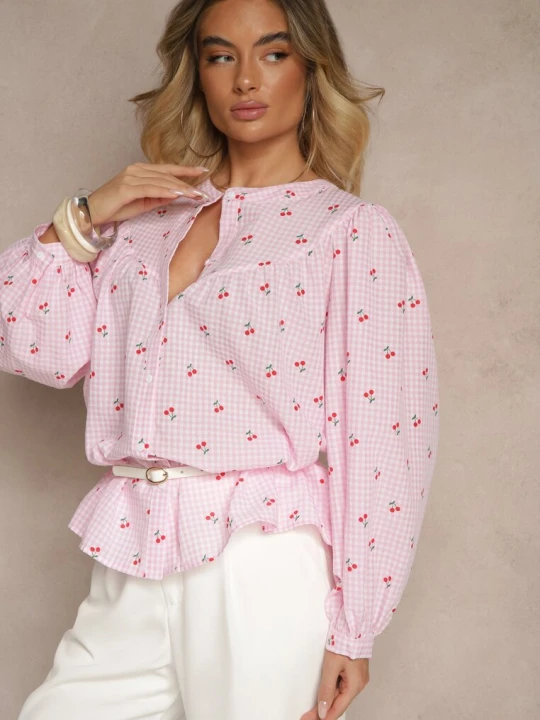 Zdjęcie produktu Różowa Koszula Bawełniana z Wisienkami w Kratę Haladriela Retro & Icone